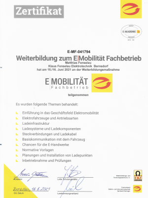 Zertifikat Weiterbildung EMobilität Fachbetrieb